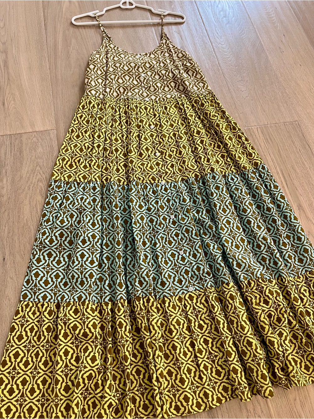 Zara Yellow,Teal and beige Patterned Tiered Maxi Dress